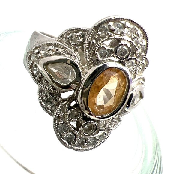 Sterling Silver Ring CZs Champaign & Clear Bezel Set Intricate Cluster Design - Picture 3 of 9